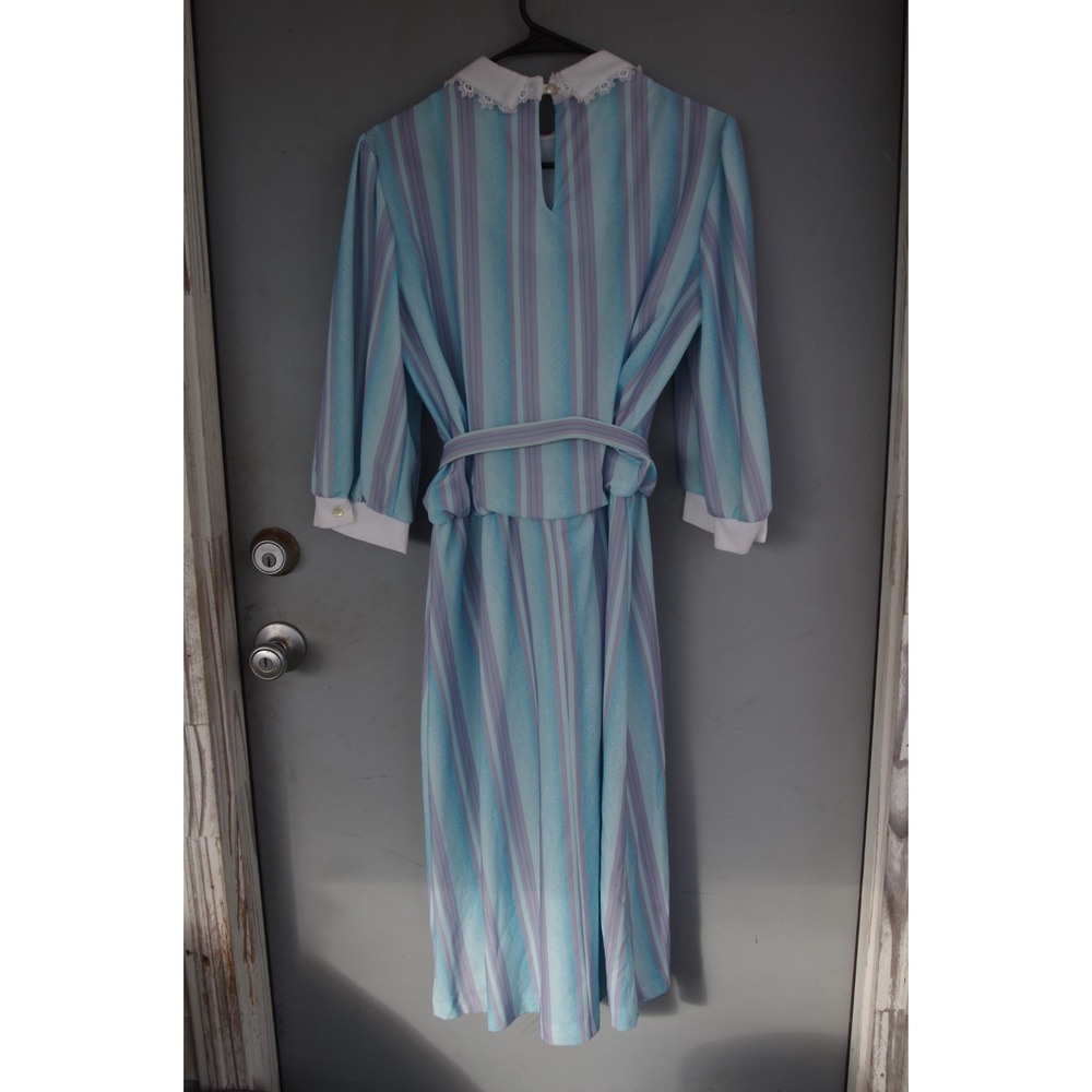 Vintage 80s Dress Secretary Geek Corpcore USA 14 Collar‎ Bow Belted Striped - Picture 2 of 4
